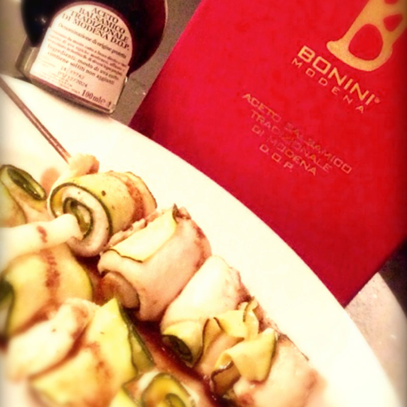 Zucchini and sole skewers in Bonini Traditional Balsamic Vinegar of Modena PDO