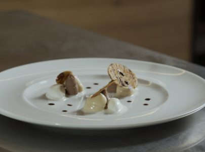 Chestnuts with hazelnut cream, mascarpone ice cream and crunchy waffles with Bonini condiment Riserva
